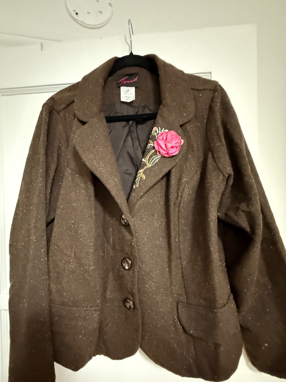 Vintage Torrid Brown Tweed Blazer Jacket with Embroidered Detail
